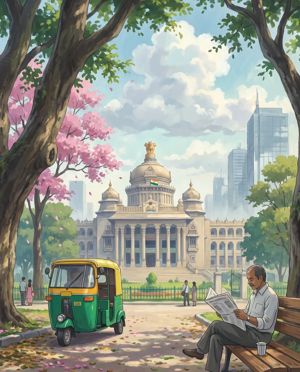 The Vidhana Soudha seen through rain trees in Cubbon Park, with an auto-rickshaw and a man reading on a bench.