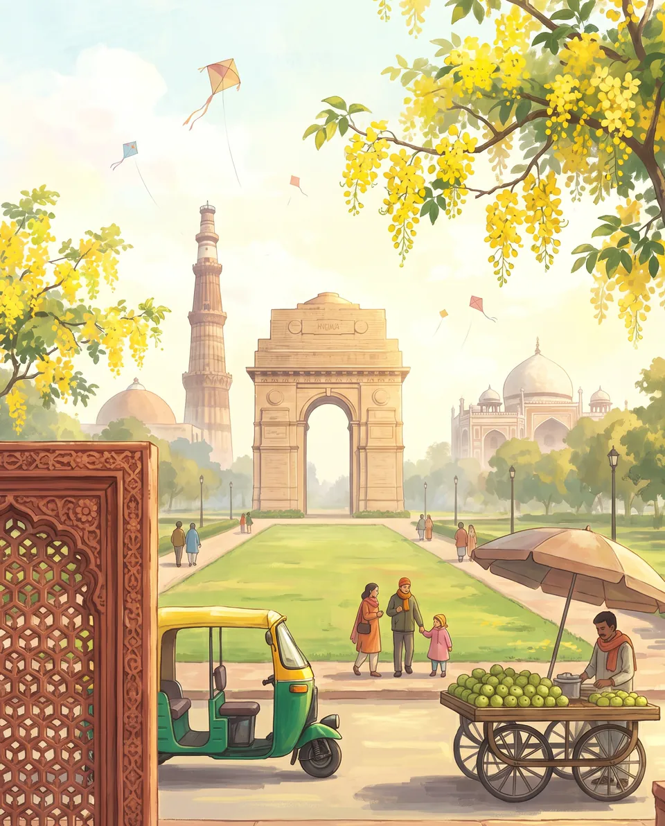 India Gate at the end of a lawn under yellow amaltas blossom, with kites and the Qutub Minar beyond.