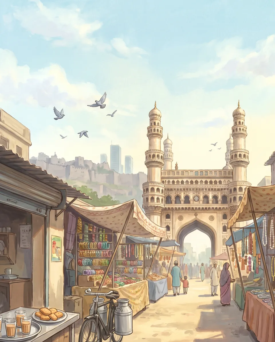 The Charminar above a bazaar of bangle and pearl stalls, with Irani chai in the foreground.
