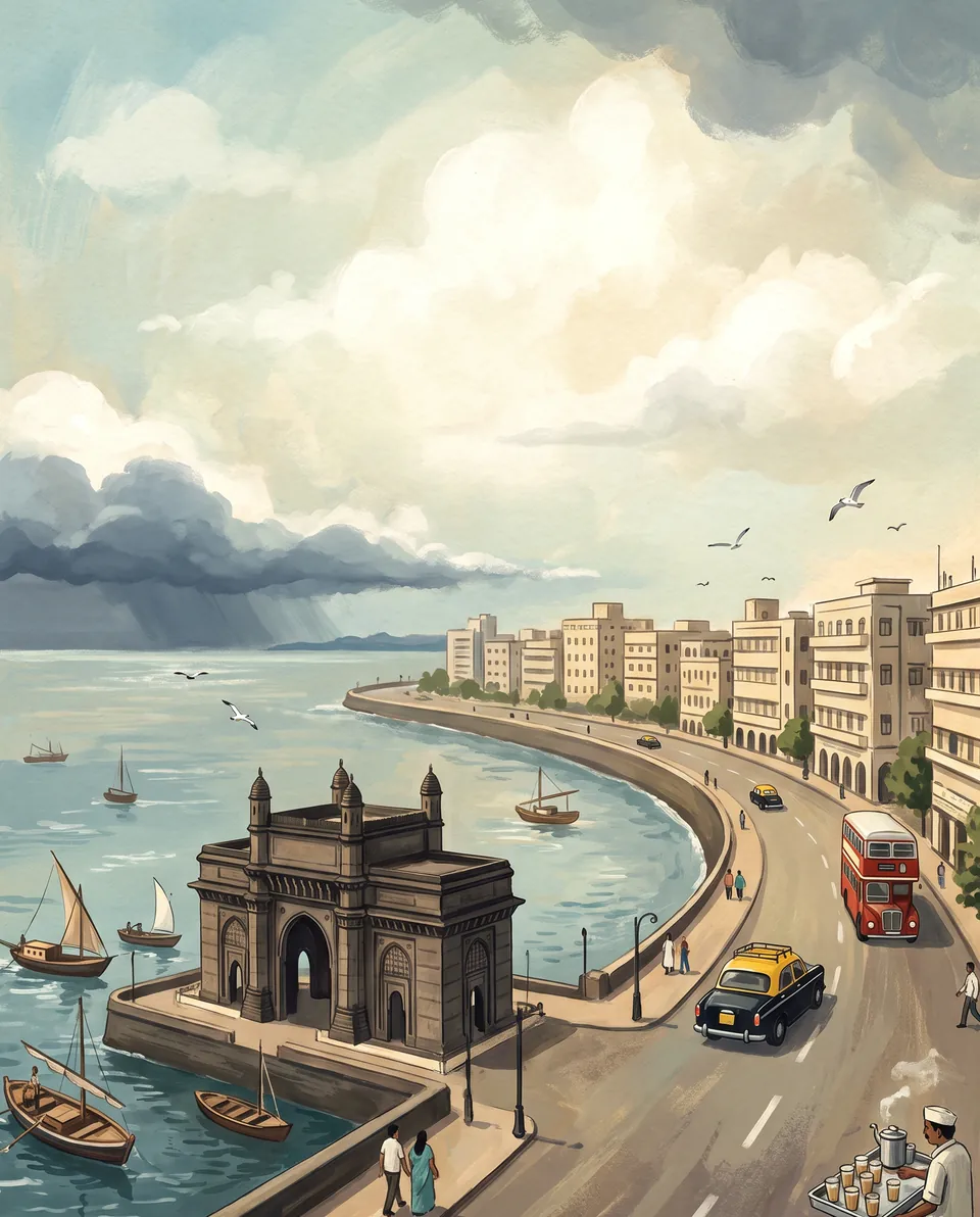 The Gateway of India on the water, with Marine Drive, a taxi and monsoon cloud beyond.