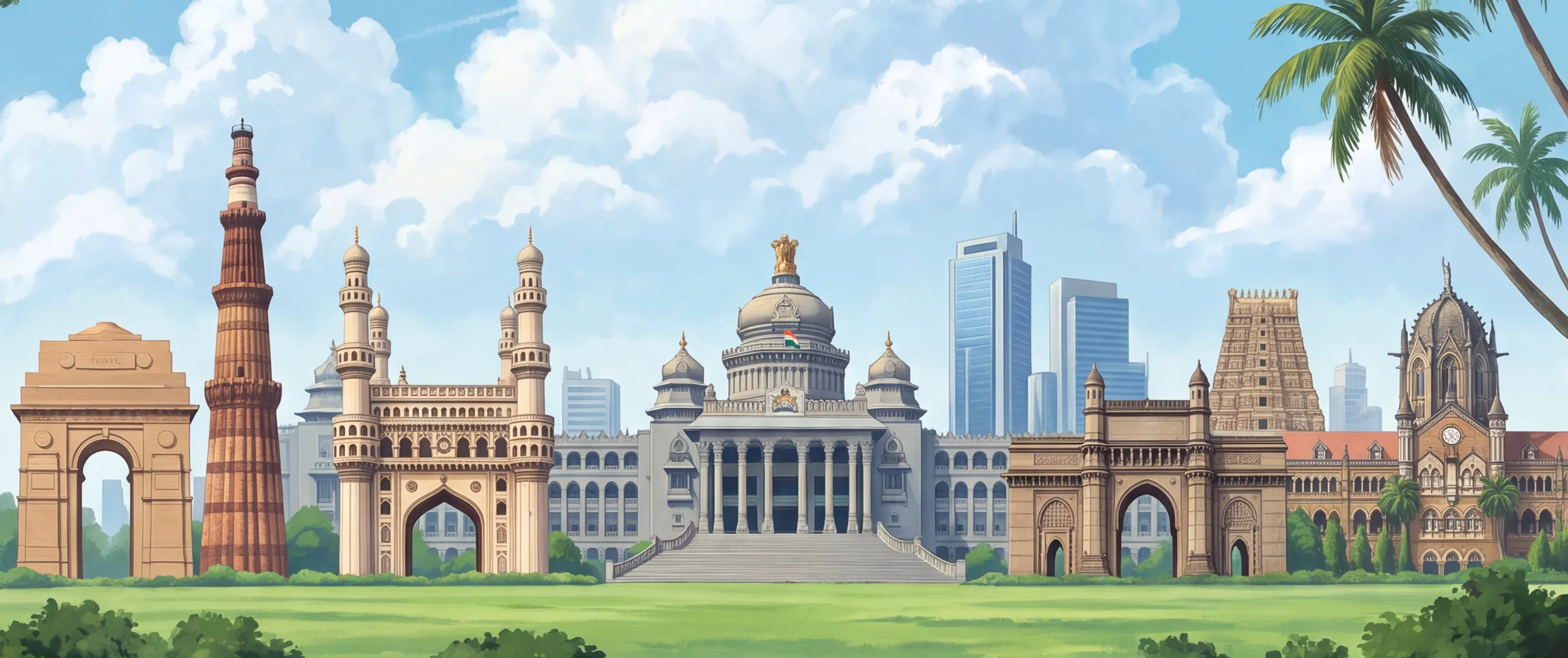 A painted skyline that places India Gate, the Qutub Minar, the Charminar, the Vidhana Soudha, the Gateway of India and Mumbai’s railway terminus side by side.