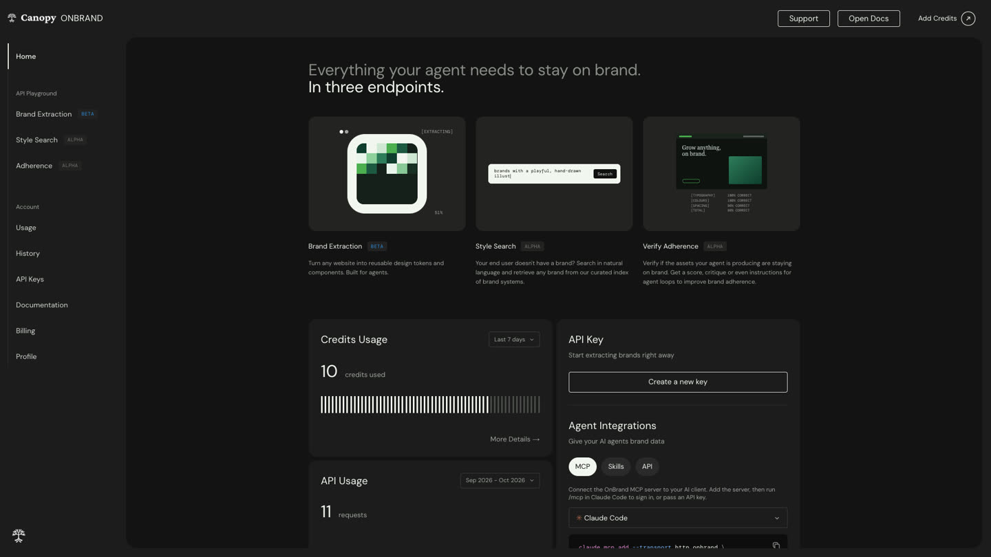 The OnBrand dashboard: usage, API keys and agent integrations