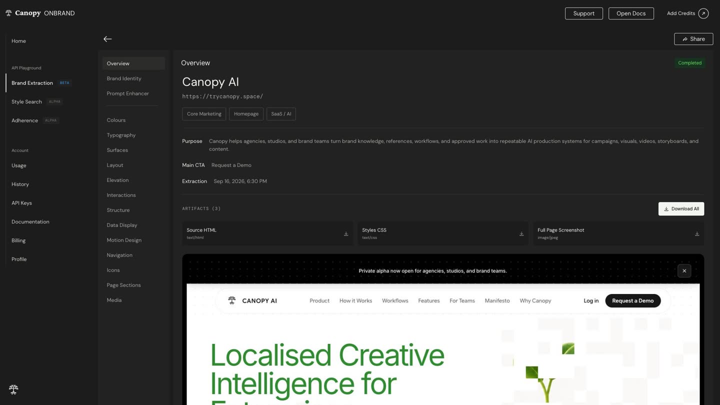 A brand system extracted by OnBrand: palette, typography and components